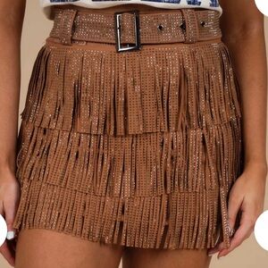 Blushing Brunette’s Eye Catcher Fringe Skort (Camel)